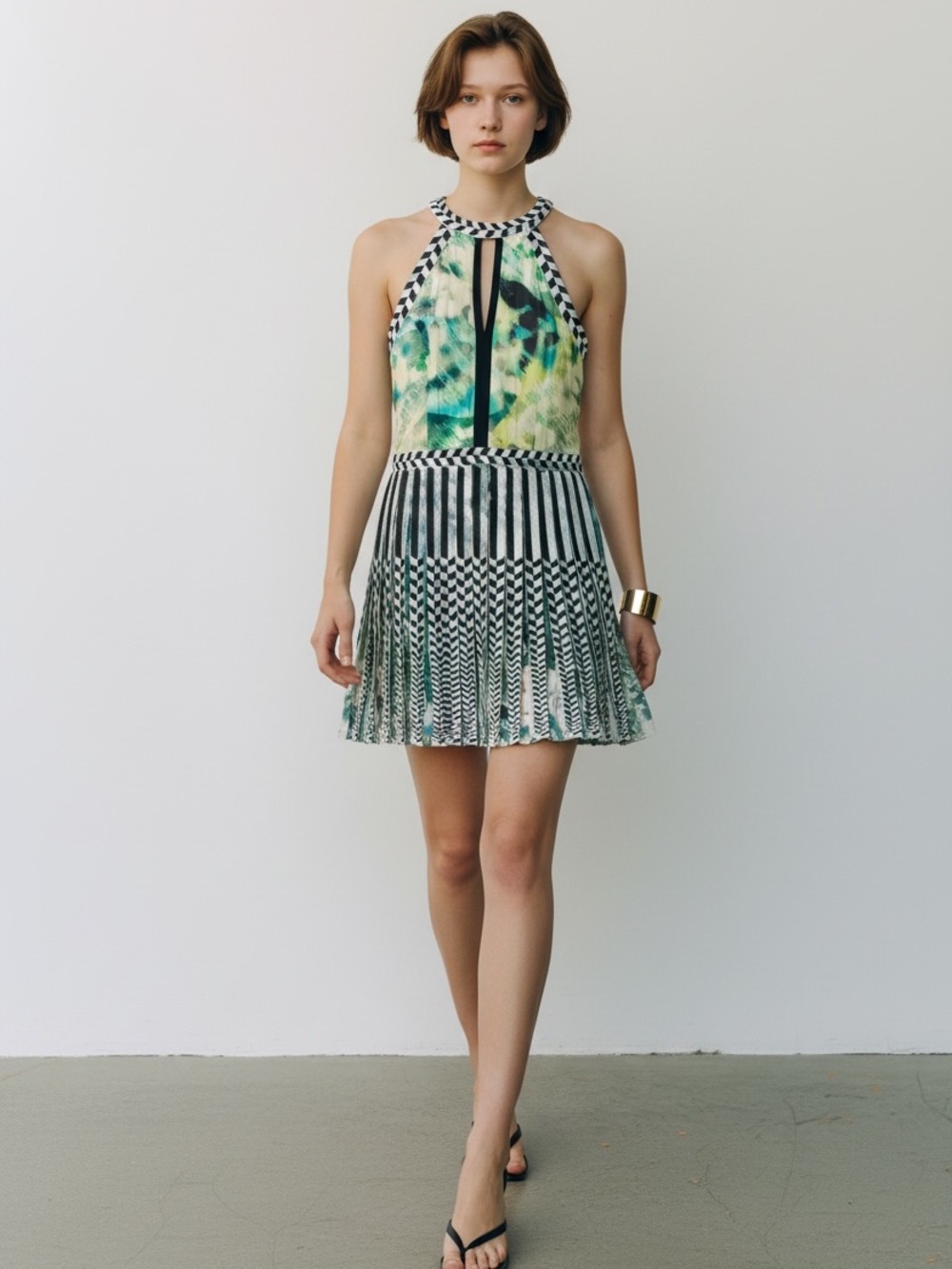 Parker geometric pleated dress patterned teal black & white racerback size sm